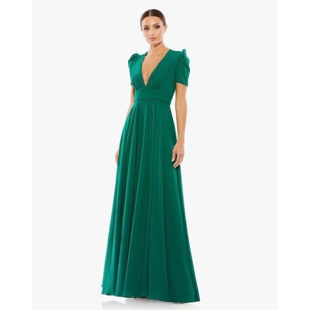 NWT Mac Duggal Plunge Neck Puff Sleeve Gown Maxi Dress Pleated Green Size 16